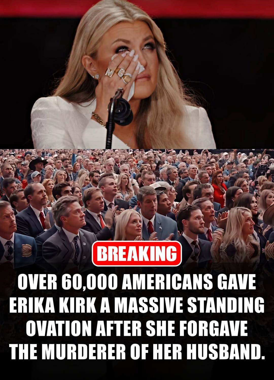 BREAKING: In a moment that stunned the nation and silenced even the harshest critics, over 60,000 Americans rose to their feet in a thunderous standing ovation as Erika Kirk did the unthinkable—she forgave the man who assassinated her husband, Charlie Kirk. Standing tall through her tears, she spoke not with vengeance, but with grace